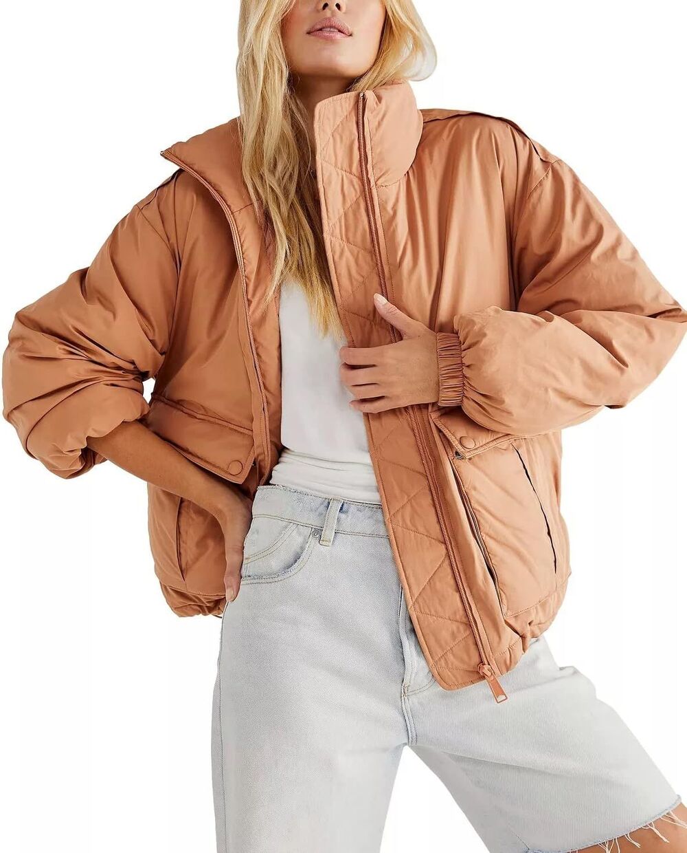 We The Free Womens Jacket Orange Duvet Bomber Full Zip Oversized Puffy Small